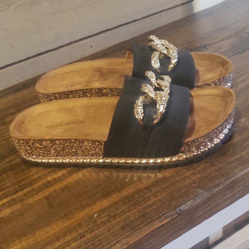 Alexis Bendel Black and Gold Women's Slide Sandals